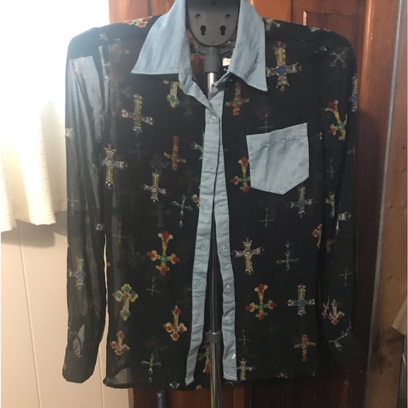 New ! Fun & Flirt Black Patterned Sheer Blouse - Size Small - Picture 2 of 5